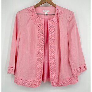 Dressbarn Linen Open Front Blazer Women Medium Pink Crochet Trim 3/4 Sleeve